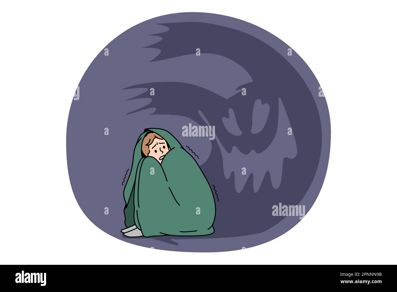 Fears panic and nightmare concept. Young stressed boy covered with blanket sitting on ground feeling ghost around panic and nervous problems vector illustration Stock Vector