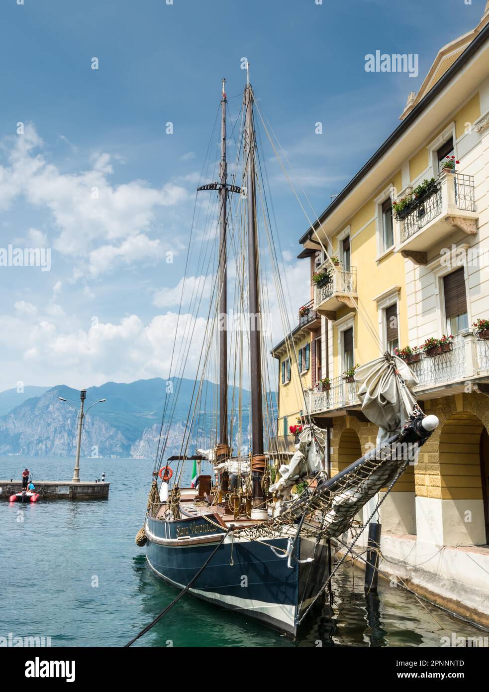 MALCESINE, ITALY - JUNE 1: Historic ship Siora Veronica at Malcesine, Italy on June 1, 2015. The sailing ship was built 1926. Foto taken from piazza Stock Photo