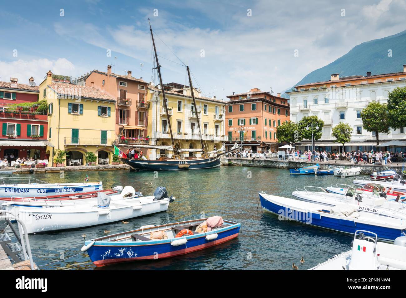 MALCESINE, ITALY - JUNE 1: Historic ship Siora Veronica at Malcesine, Italy on June 1, 2015. The sailing ship was built 1926. Foto taken from piazza Stock Photo