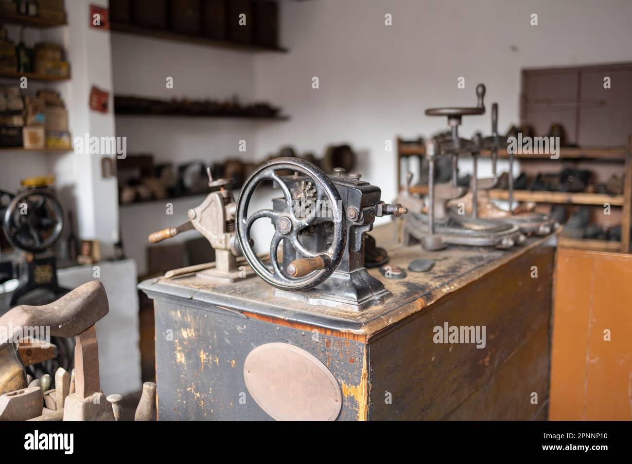Dudley, west midlands united kingdom 15 November 2021 vintage shoemakers shop, with old fashioned equipment, selective focus Stock Photo
