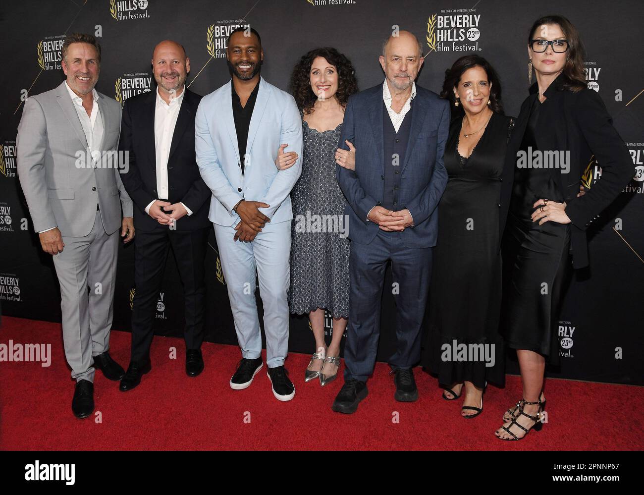 Los Angeles, USA. 19th Apr, 2023. (L-R) SWIPE NYC Cast & Crew - David Kelsey, Steven Paul, Justin Marcel McManus, Lisa Edelstein, Richard Schiff, Sue Zarco Kramer and Bridget Moynahan at The 23rd Annual International Beverly Hills Film Festival - Opening Night held at the TCL Chinese 6 Theatres in Hollywood, CA on Wednesday, ?April 19, 2023. (Photo By Sthanlee B. Mirador/Sipa USA) Credit: Sipa USA/Alamy Live News Stock Photo