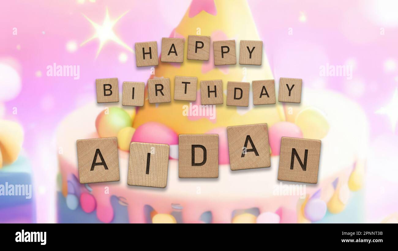 Happy Birthday Aidan card with wooden tiles text. Boys birthday card