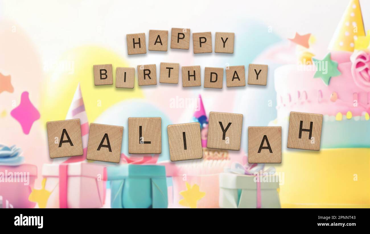 Happy Birthday Aaliyah card with wooden tiles text. Girls birthday card