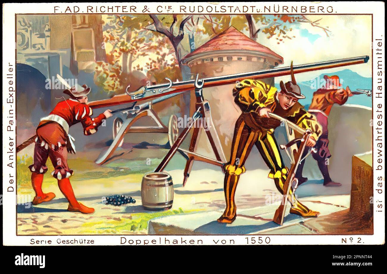 Double Hook Gun, 1550 - Vintage German Tradecard Stock Photo - Alamy