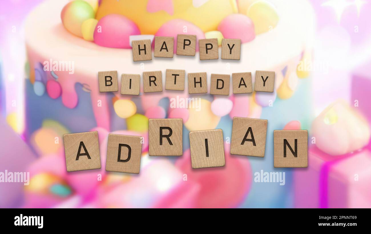 Happy Birthday Adrian card with wooden tiles text. Boys birthday card