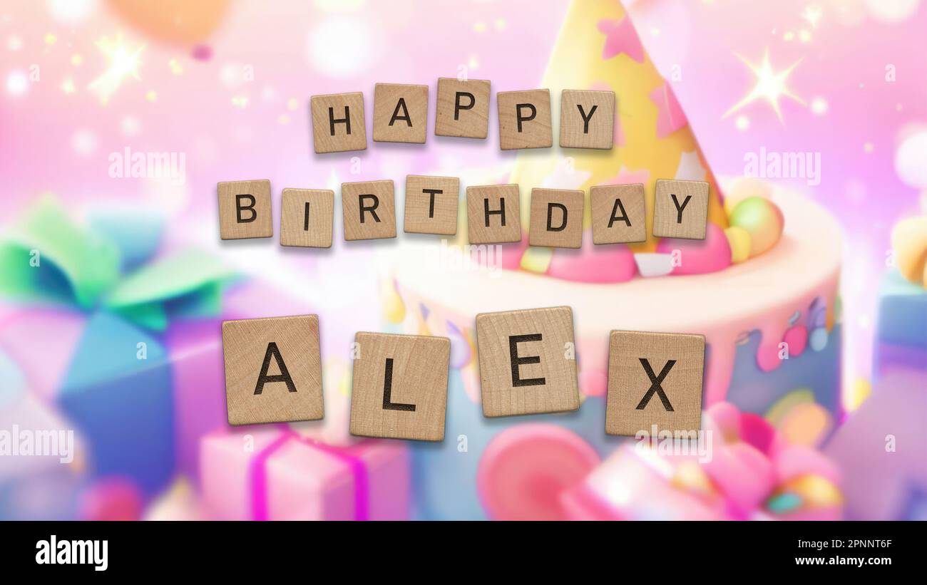 Happy Birthday Alex card with wooden tiles text. Boys birthday card with colorful background Stock Photo - Alamy