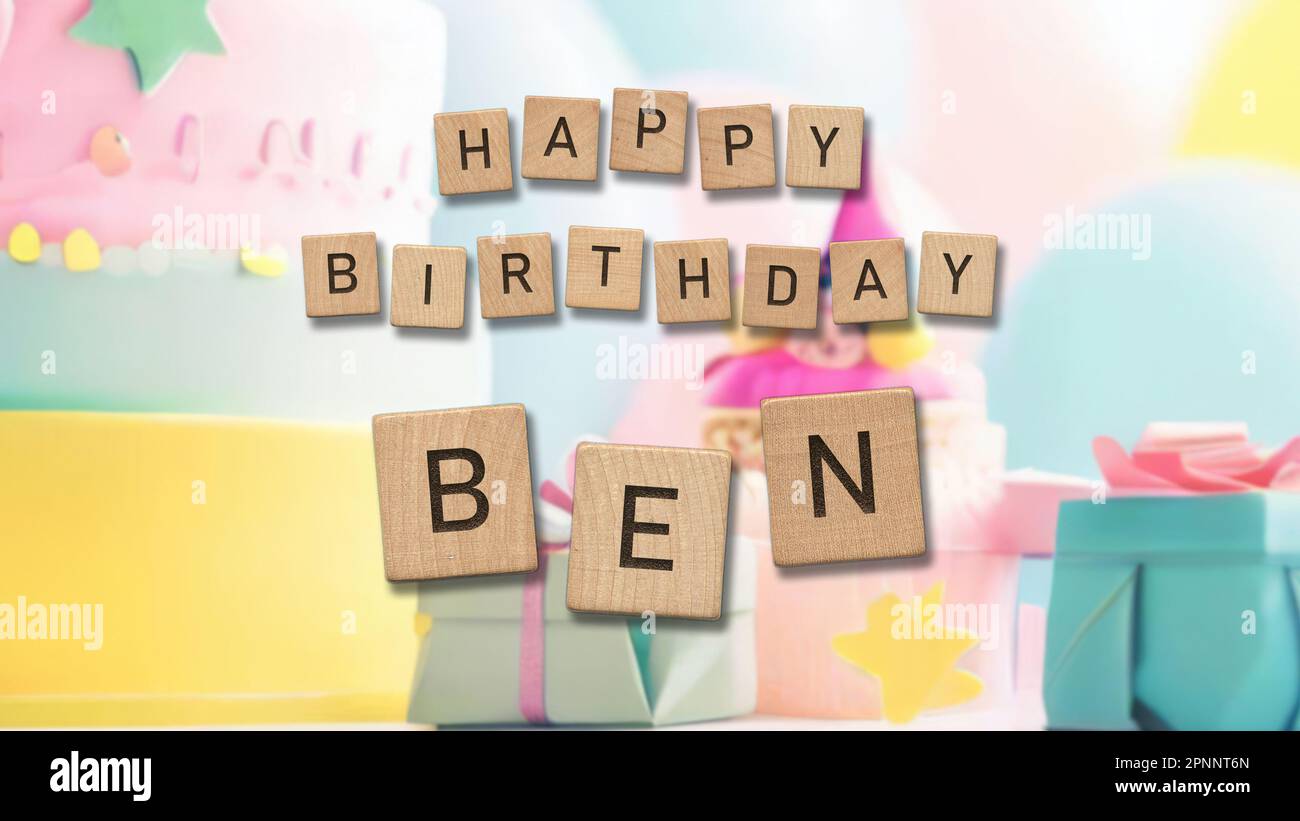 Happy Birthday Ben card with wooden tiles text. Boys birthday card with