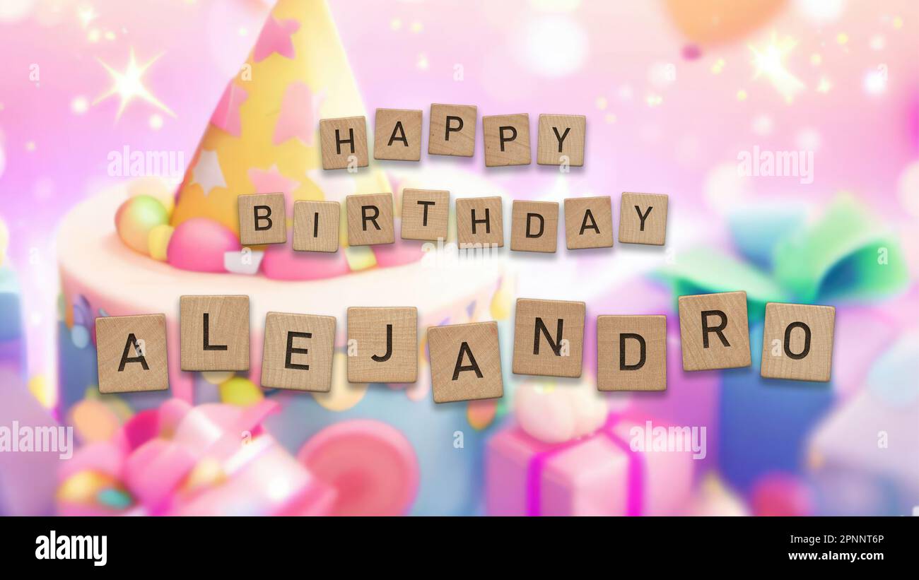 Happy Birthday Alejandro card with wooden tiles text. Boys birthday