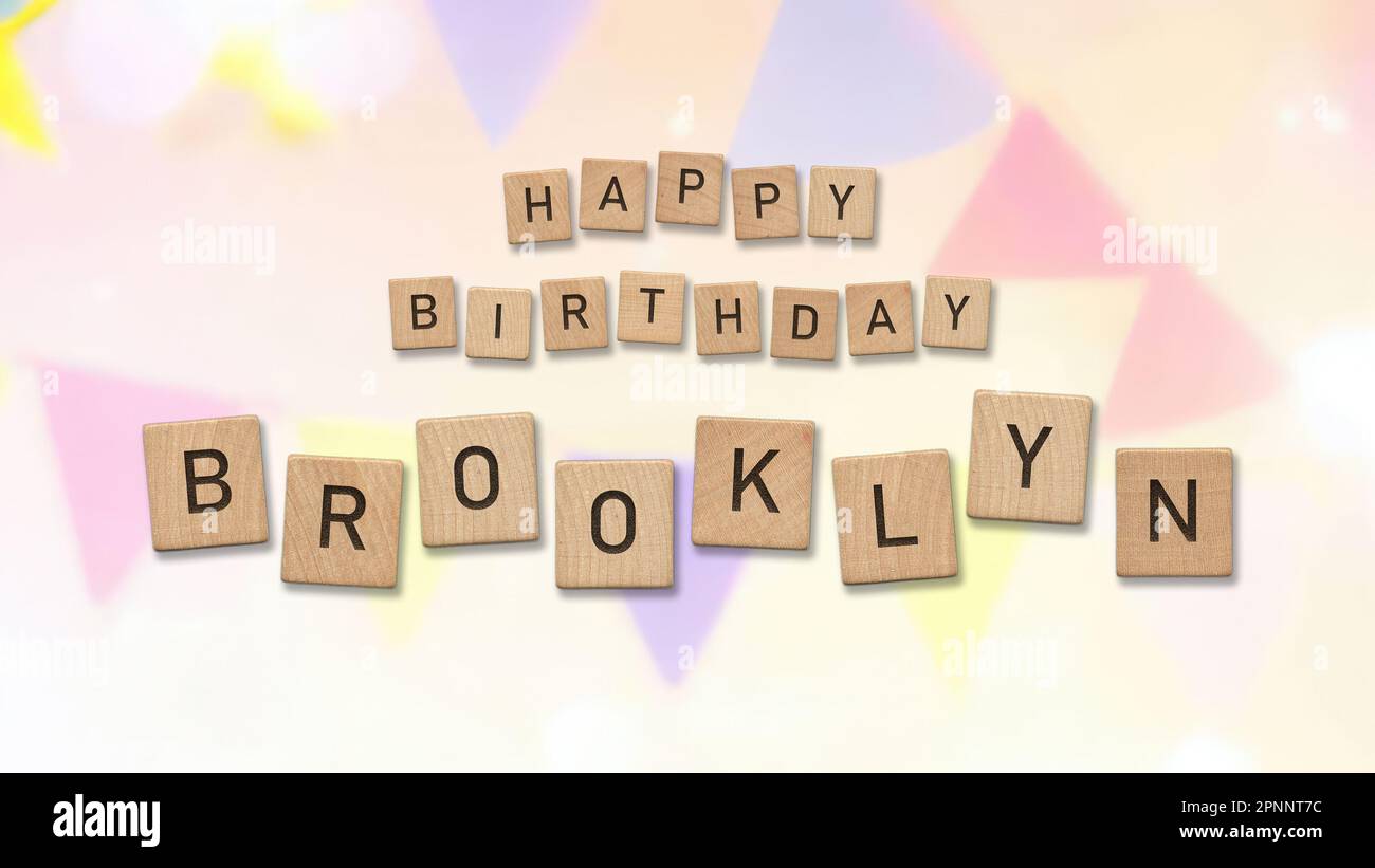 Happy Birthday Brooklyn card with wooden tiles text. Girls birthday