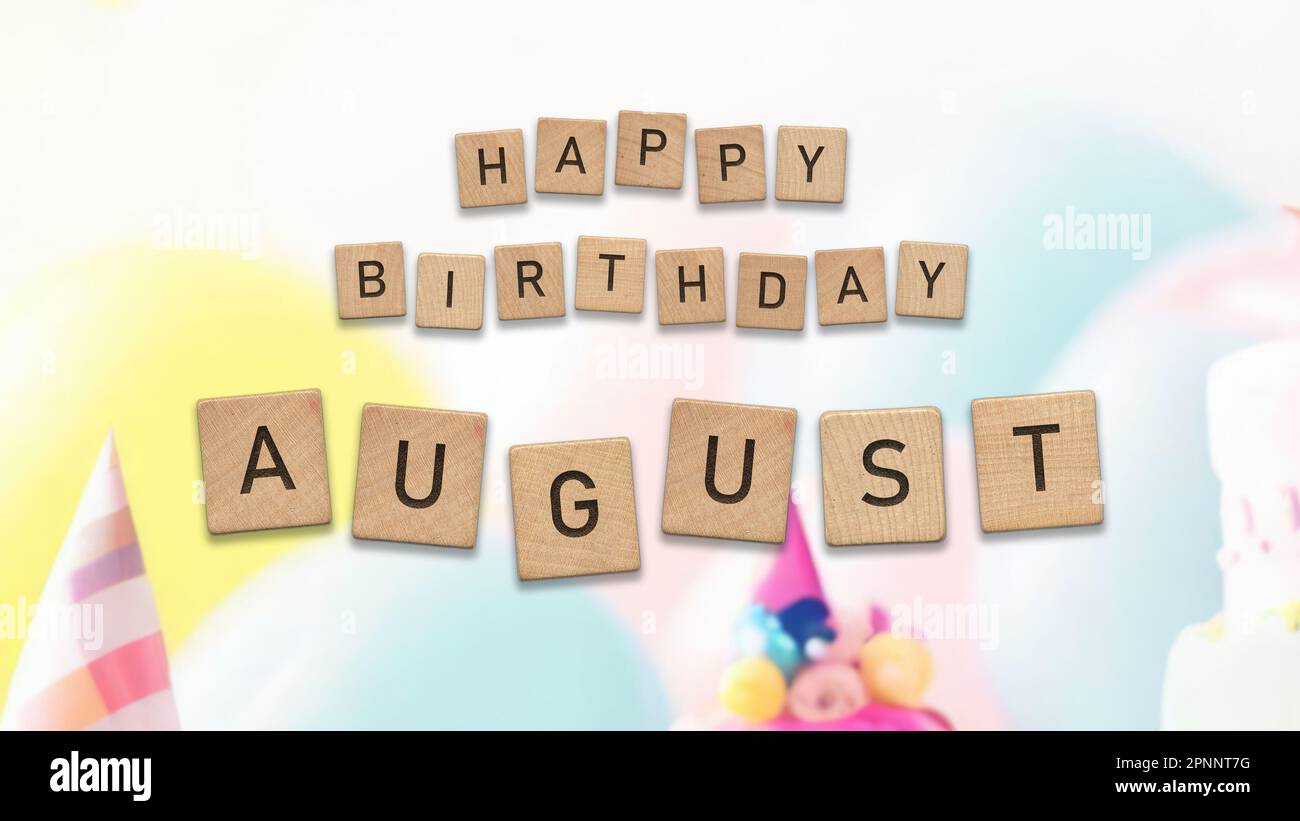 Happy Birthday August card with wooden tiles text. Boys birthday card