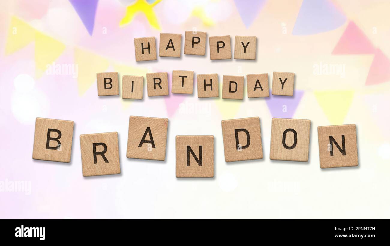 Happy Birthday Brandon card with wooden tiles text. Boys birthday card