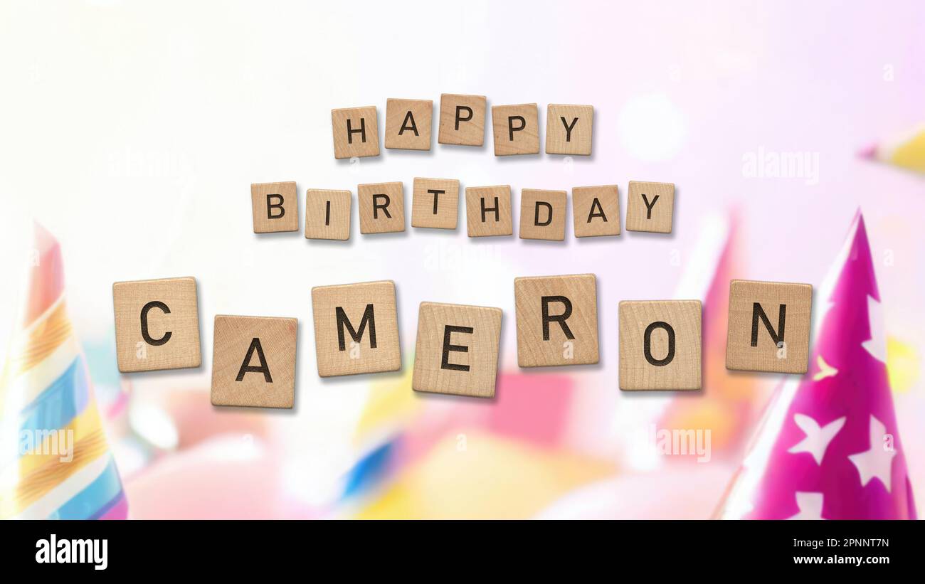 Happy Birthday Cameron card with wooden tiles text. Boys birthday card