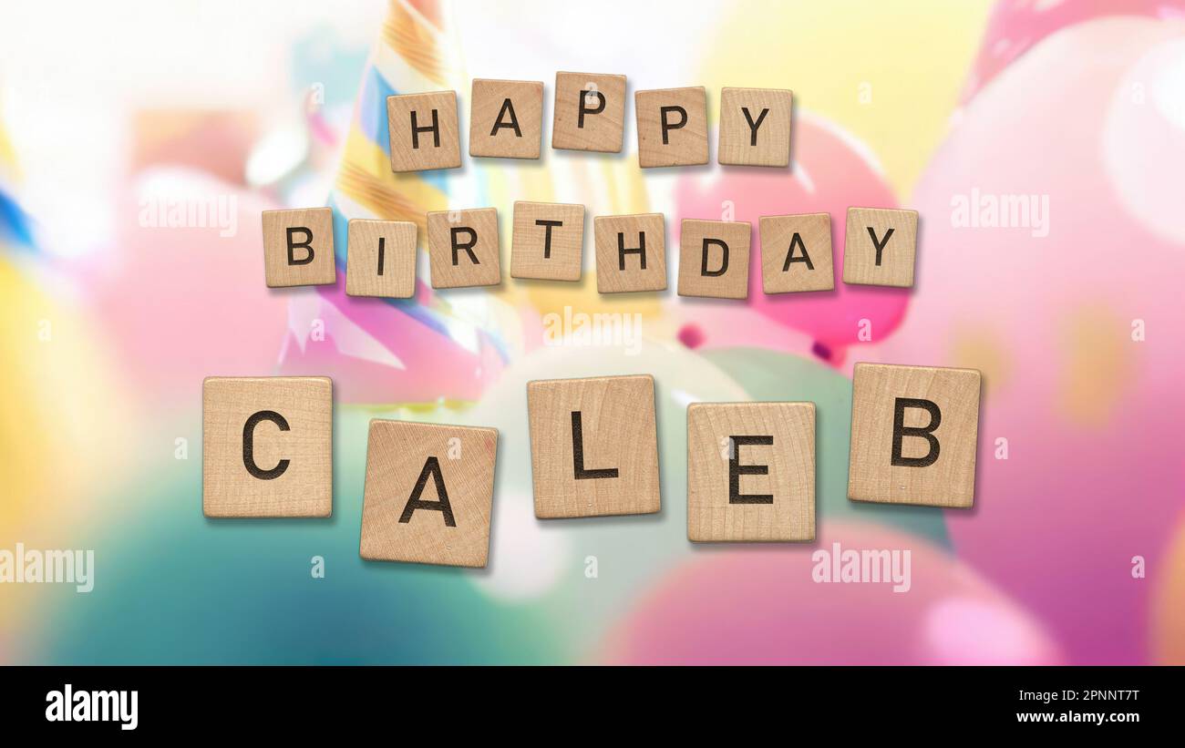 Happy Birthday Caleb card with wooden tiles text. Boys birthday card