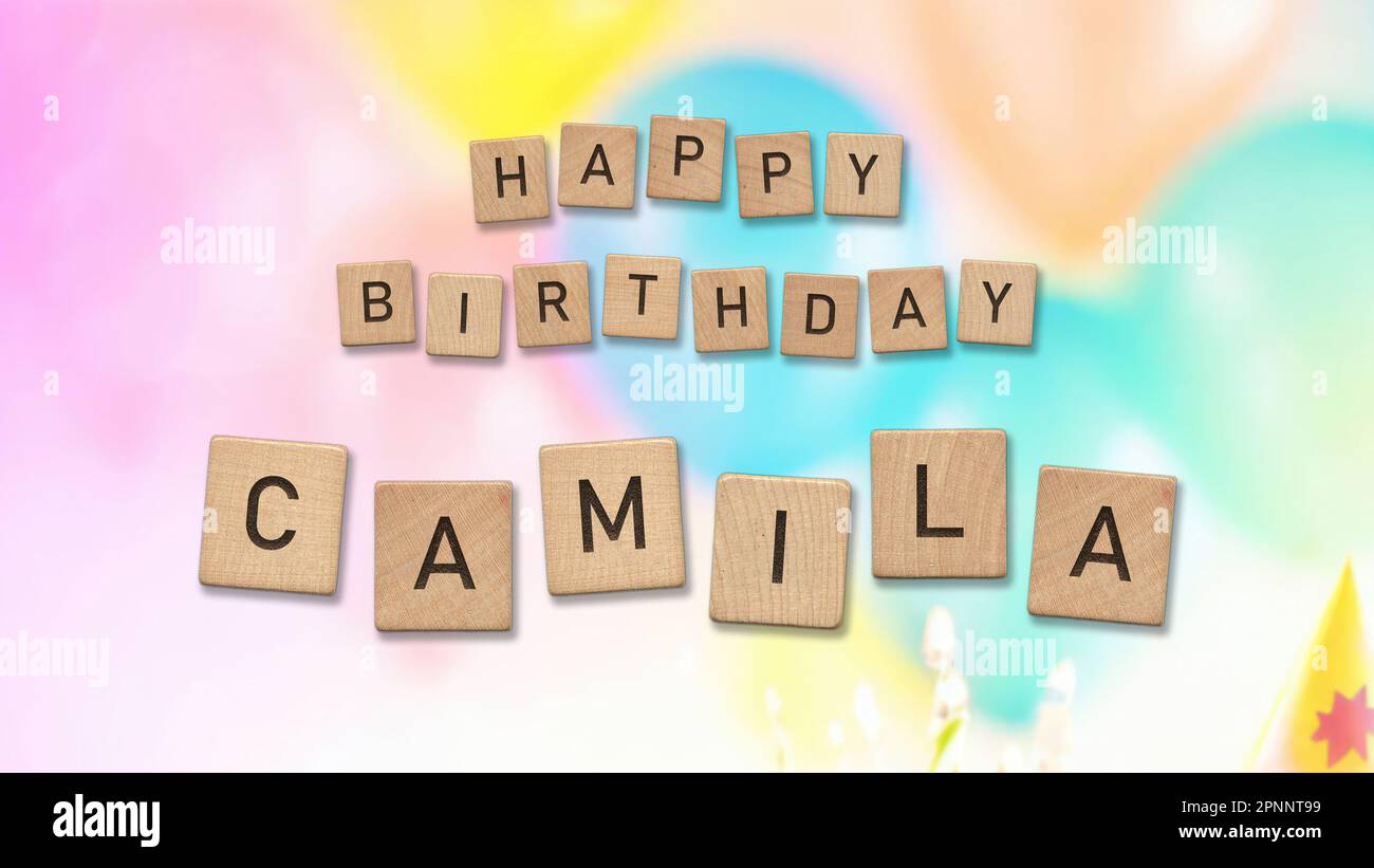 Happy Birthday Camila card with wooden tiles text. Girls birthday card