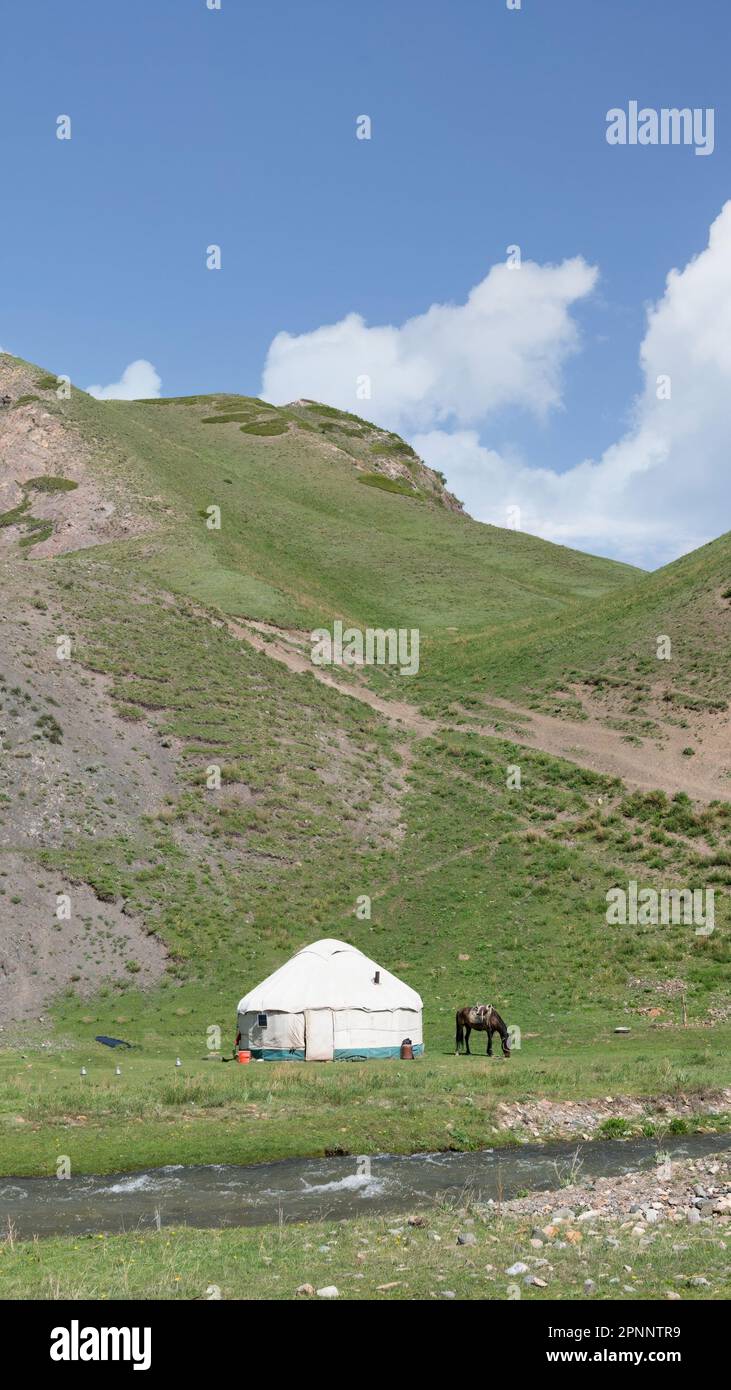 Traditional Yurt tent in Kyrgyzstan countryside. Yurt tents are traditional, portable tents made of felt that are used as a form of accommodation in t Stock Photo