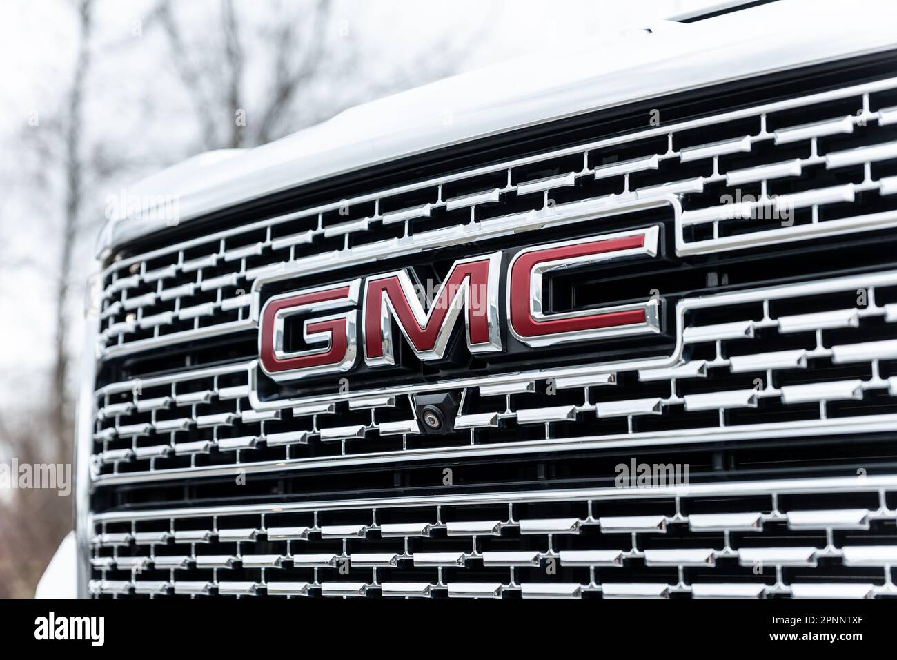 A closeup shot of a GMC car grill. Stock Photo
