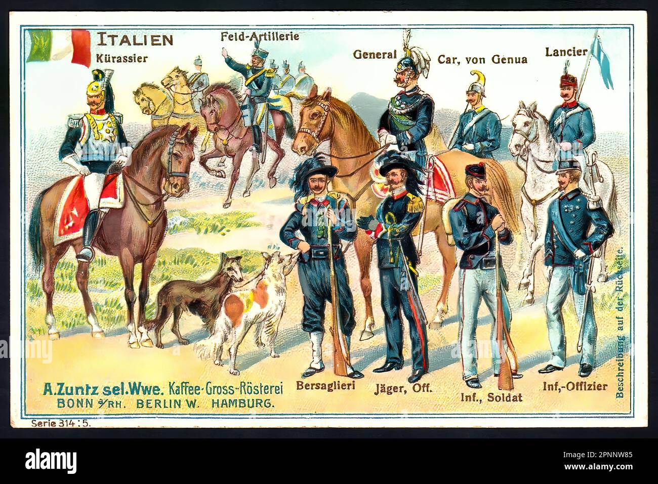 Italian Uniforms - Vintage German Trade Card Stock Photo