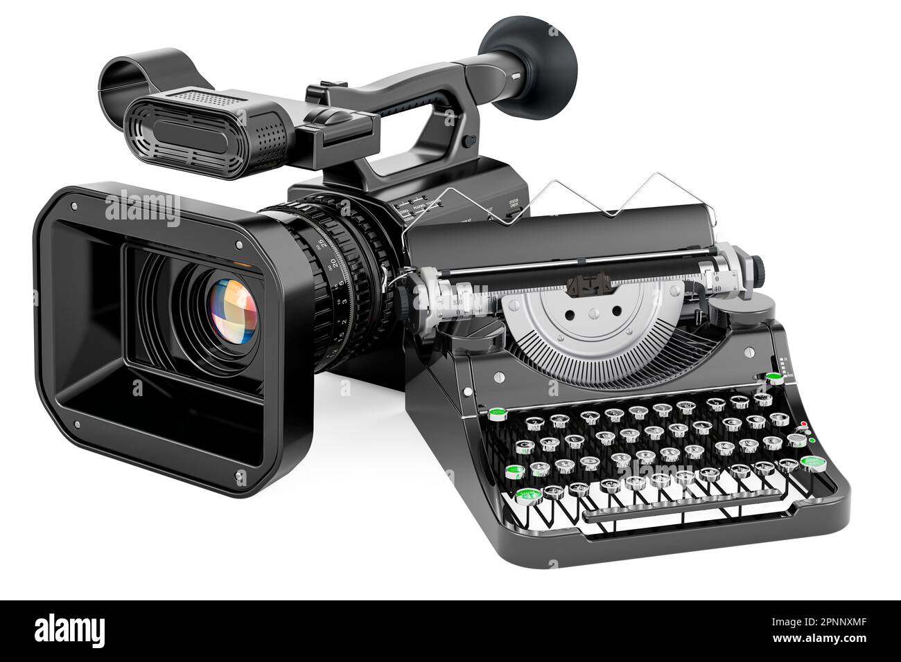 Professional video camera with typewriter machine. 3D rendering isolated on white background