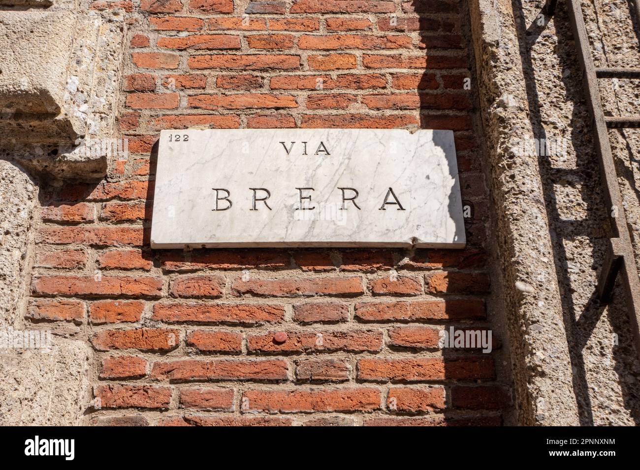 Brera street sign in Milan. Famous Brera district in Milan. Historic center of Milan. Via Brera Stock Photo
