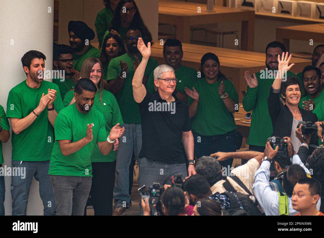 New Delhi, Delhi, India. 20th Apr, 2023. Apple Inc. Chief Executive Officer (CEO) Tim Cook waves to the crowd during the launch of the new Apple Inc. store in New Delhi, India on April 20, 2023. (Credit Image: © Kabir Jhangiani/ZUMA Press Wire) EDITORIAL USAGE ONLY! Not for Commercial USAGE! Stock Photo