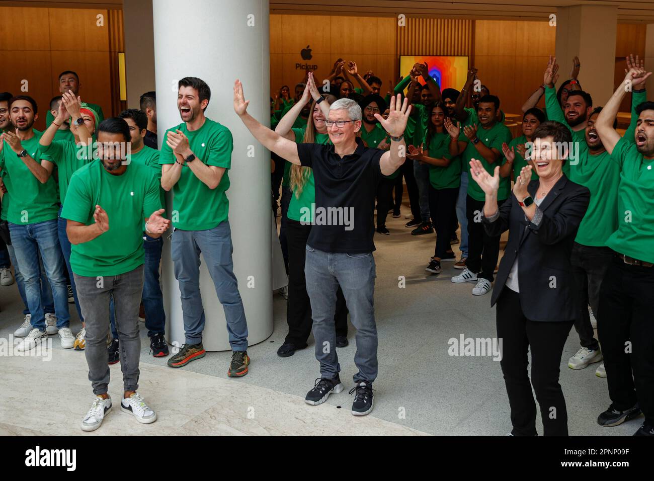 New Delhi, New Delhi, India. 20th Apr, 2023. Apple CEO Tim Cook gestures during the inauguration of the new Apple store. (Credit Image: © Karma Sonam Bhutia/ZUMA Press Wire) EDITORIAL USAGE ONLY! Not for Commercial USAGE! Stock Photo