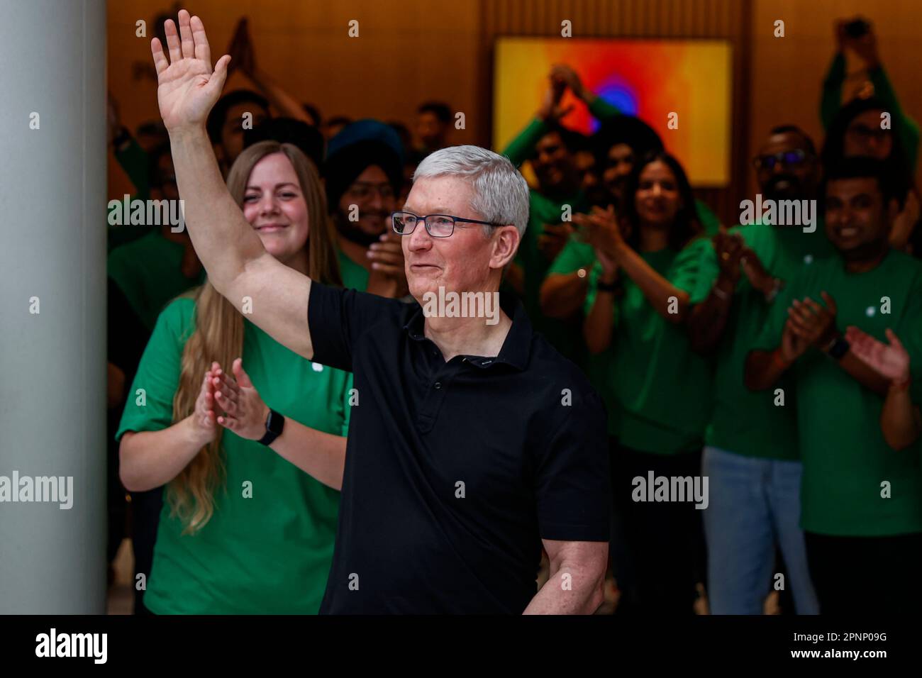 New Delhi, New Delhi, India. 20th Apr, 2023. Apple CEO Tim Cook gestures during the inauguration of the new Apple store. (Credit Image: © Karma Sonam Bhutia/ZUMA Press Wire) EDITORIAL USAGE ONLY! Not for Commercial USAGE! Stock Photo