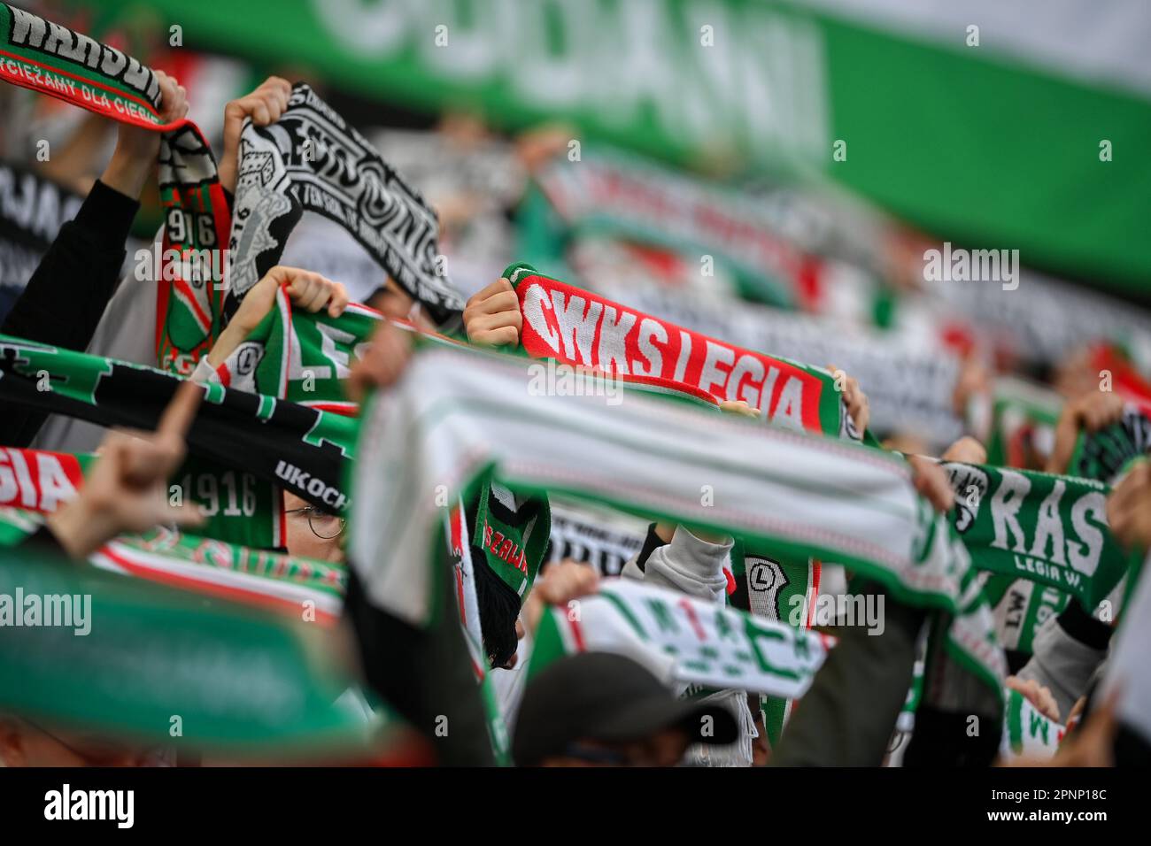 WARSAW, POLAND - APRIL 16, 2023: Polish Football League T-Mobile Ekstraklasa o/p: Legia fans supporters Stock Photo