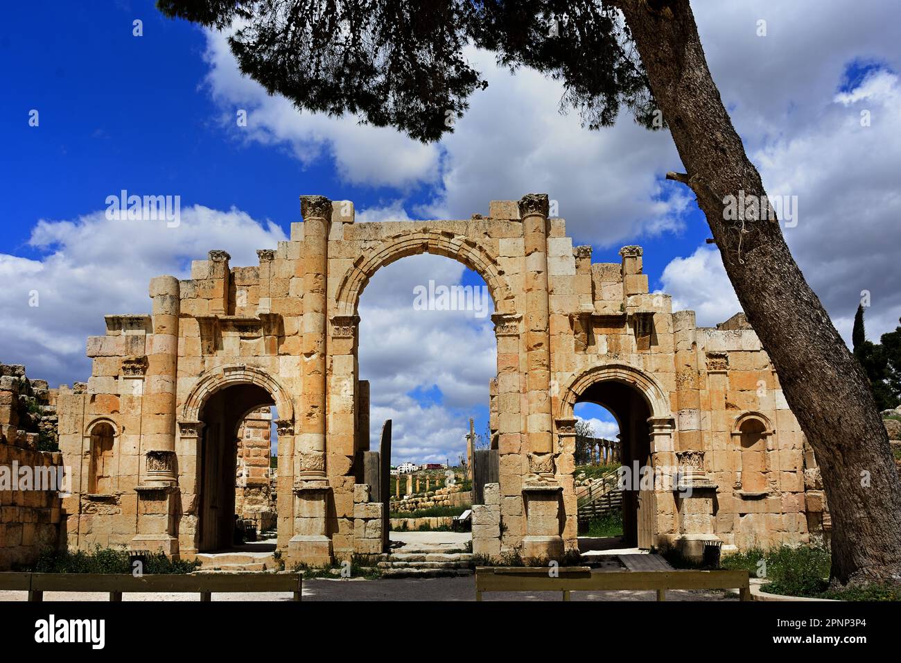 South Gate of the Roman City of Jerash Roman ruins, Jerash, Jordan, ancient city, boasts an unbroken chain of human occupation dating back 6,500 years, Stock Photo
