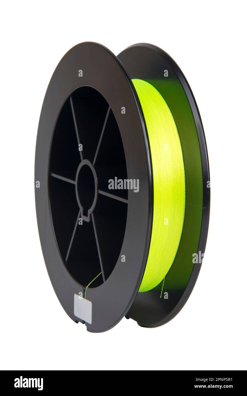 Fishing braided line isolated on white background. Spool of green cord