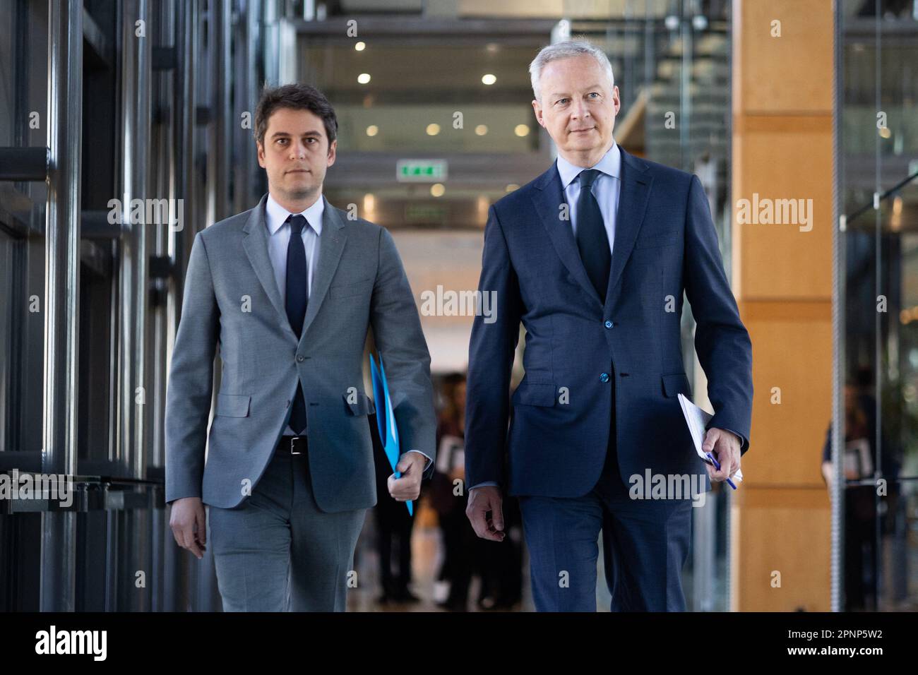Paris, France. 20th Apr, 2023. Paris, France. 20th Apr, 2023. French Junior Minister for Public Accounts Gabriel Attal and French Finance Minister Bruno Le Maire arrive at a press conference to present the stability pact for France debt in Paris, France, 20 April 2023. Photo by Raphael Lafargue/ABACAPRESS.COM Credit: Abaca Press/Alamy Live News Stock Photo