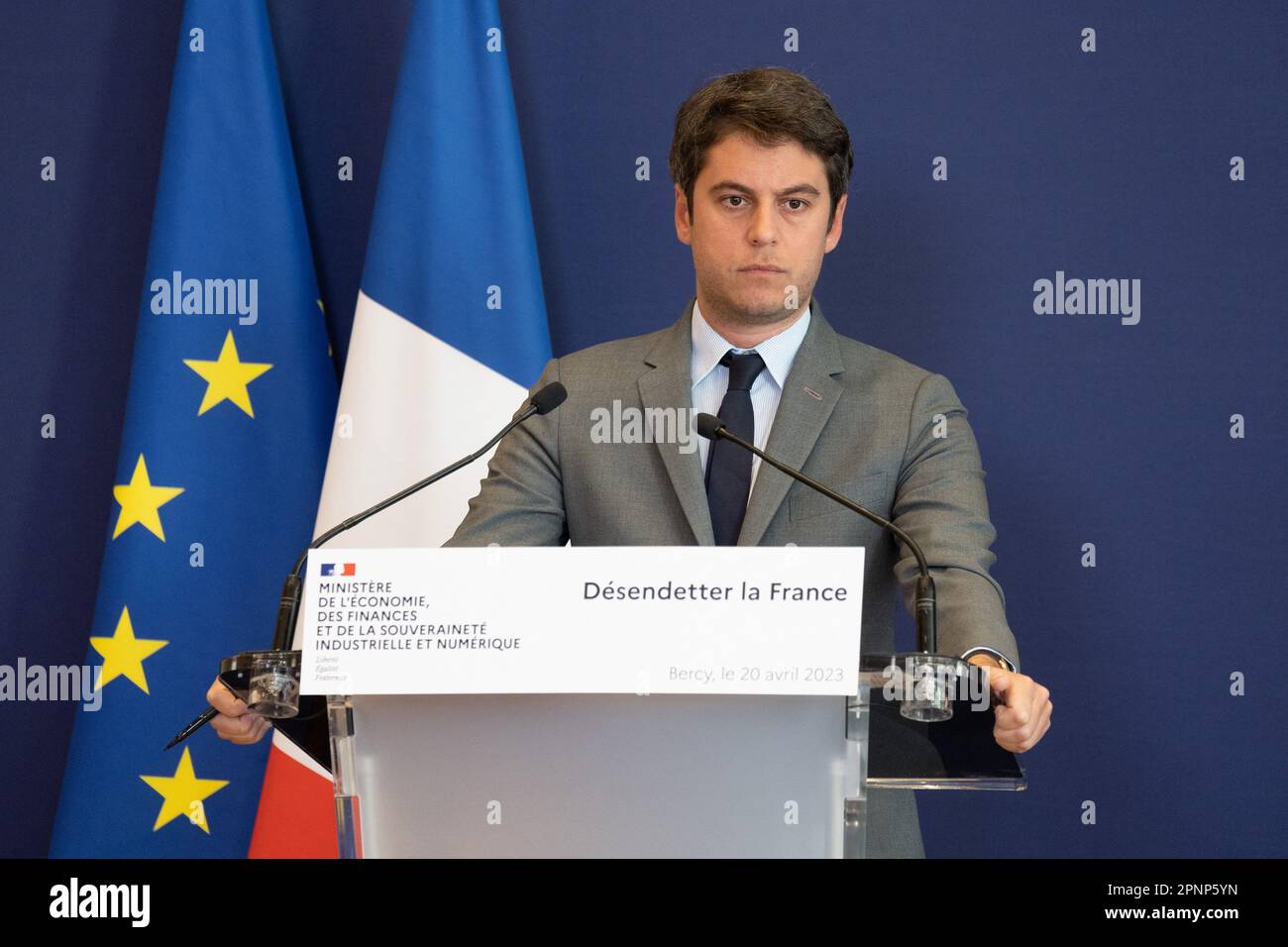 Paris, France. 20th Apr, 2023. Paris, France. 20th Apr, 2023. French Minister Delegate for Public Accounts Gabriel Attal during a press conference to present the stability pact for France debt in Paris, France, 20 April 2023. Photo by Raphael Lafargue/ABACAPRESS.COM Credit: Abaca Press/Alamy Live News Stock Photo