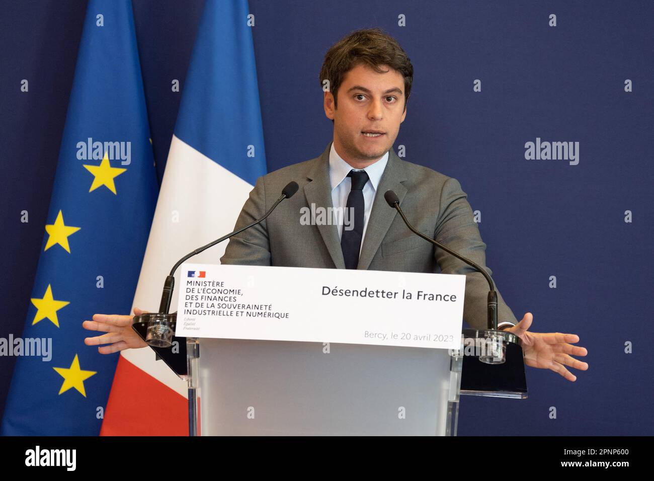 Paris, France. 20th Apr, 2023. Paris, France. 20th Apr, 2023. French Minister Delegate for Public Accounts Gabriel Attal during a press conference to present the stability pact for France debt in Paris, France, 20 April 2023. Photo by Raphael Lafargue/ABACAPRESS.COM Credit: Abaca Press/Alamy Live News Stock Photo