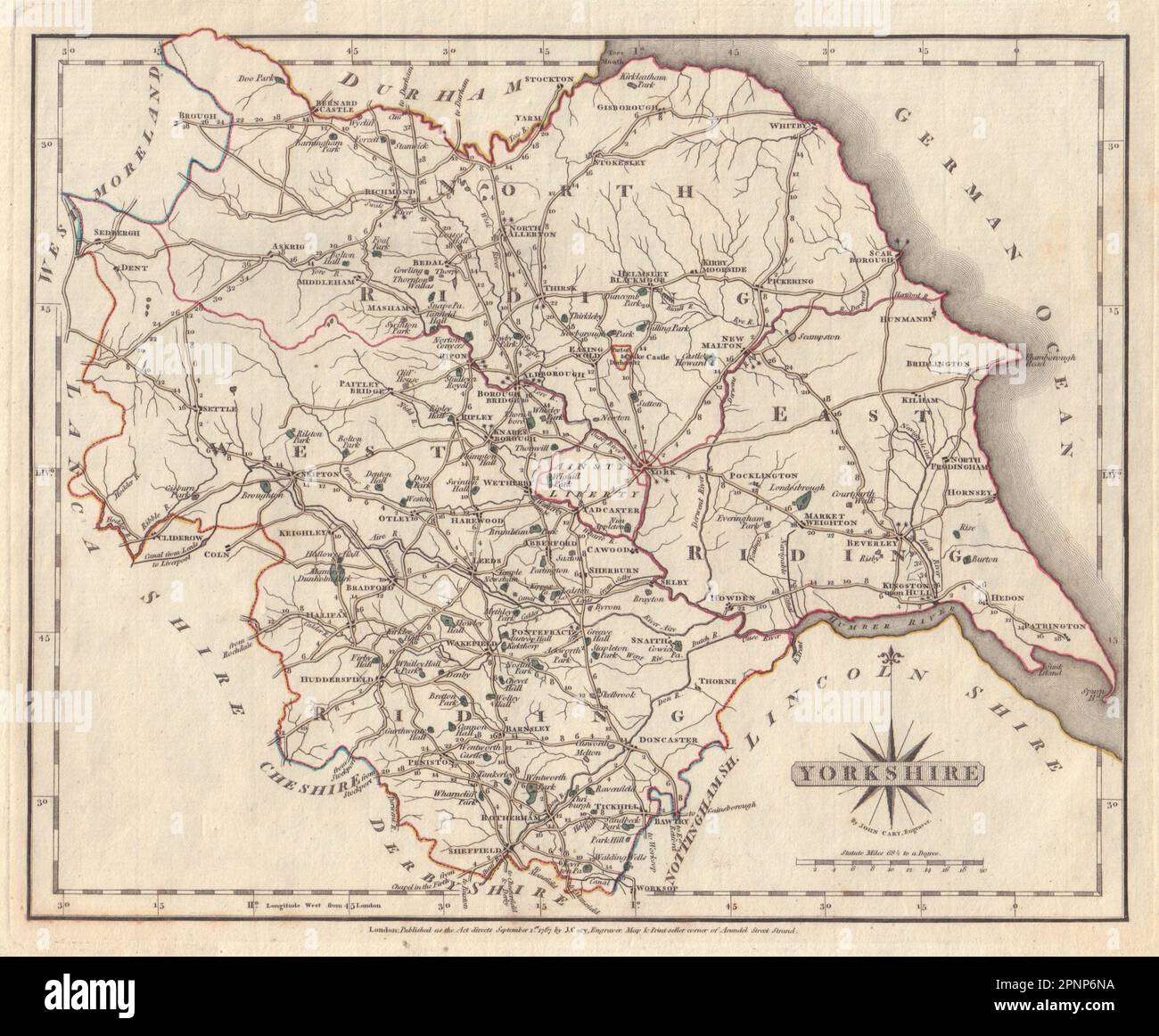 Antique county map of YORKSHIRE by JOHN CARY. Original outline colour ...