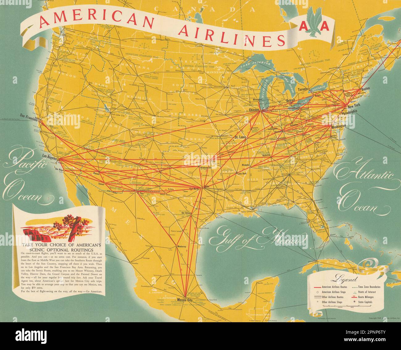 American Airlines system network route map. 16"x20" 1949 old vintage