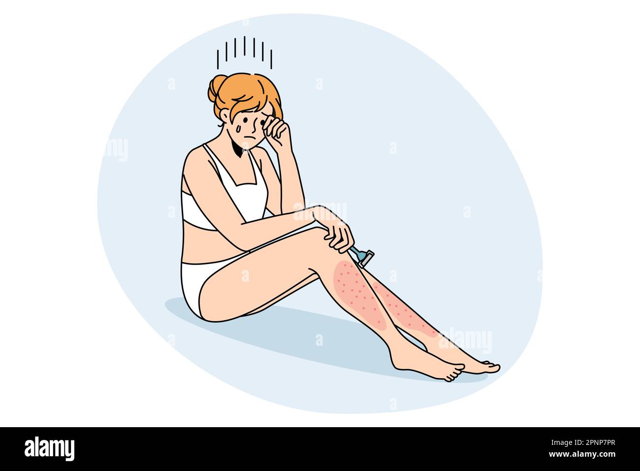 Skin problems after shaving concept. Young crying female sitting with