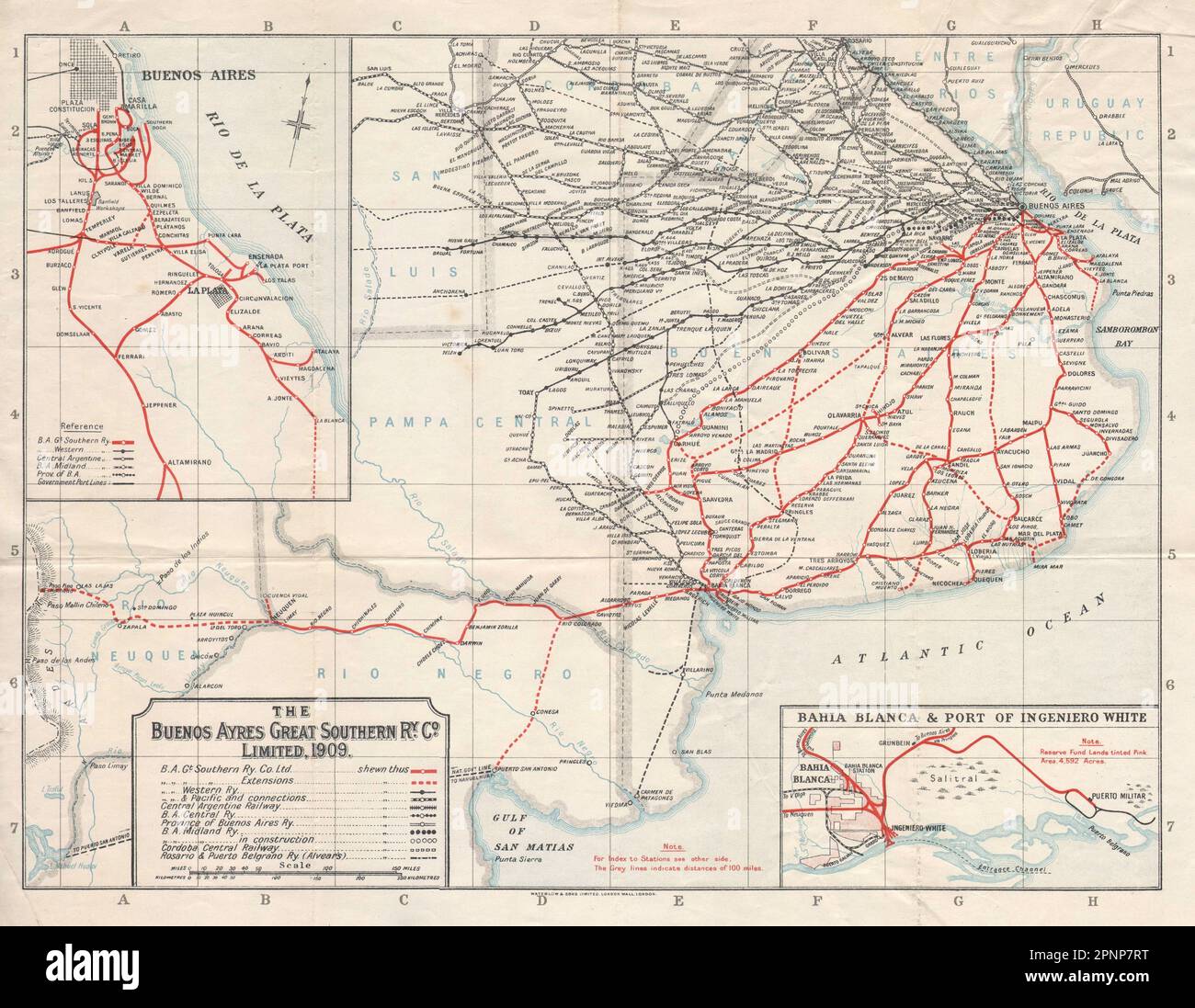 Buenos Ayres [Aires] Great Southern Railway. Bahia Blanca 1909 old antique map Stock Photo