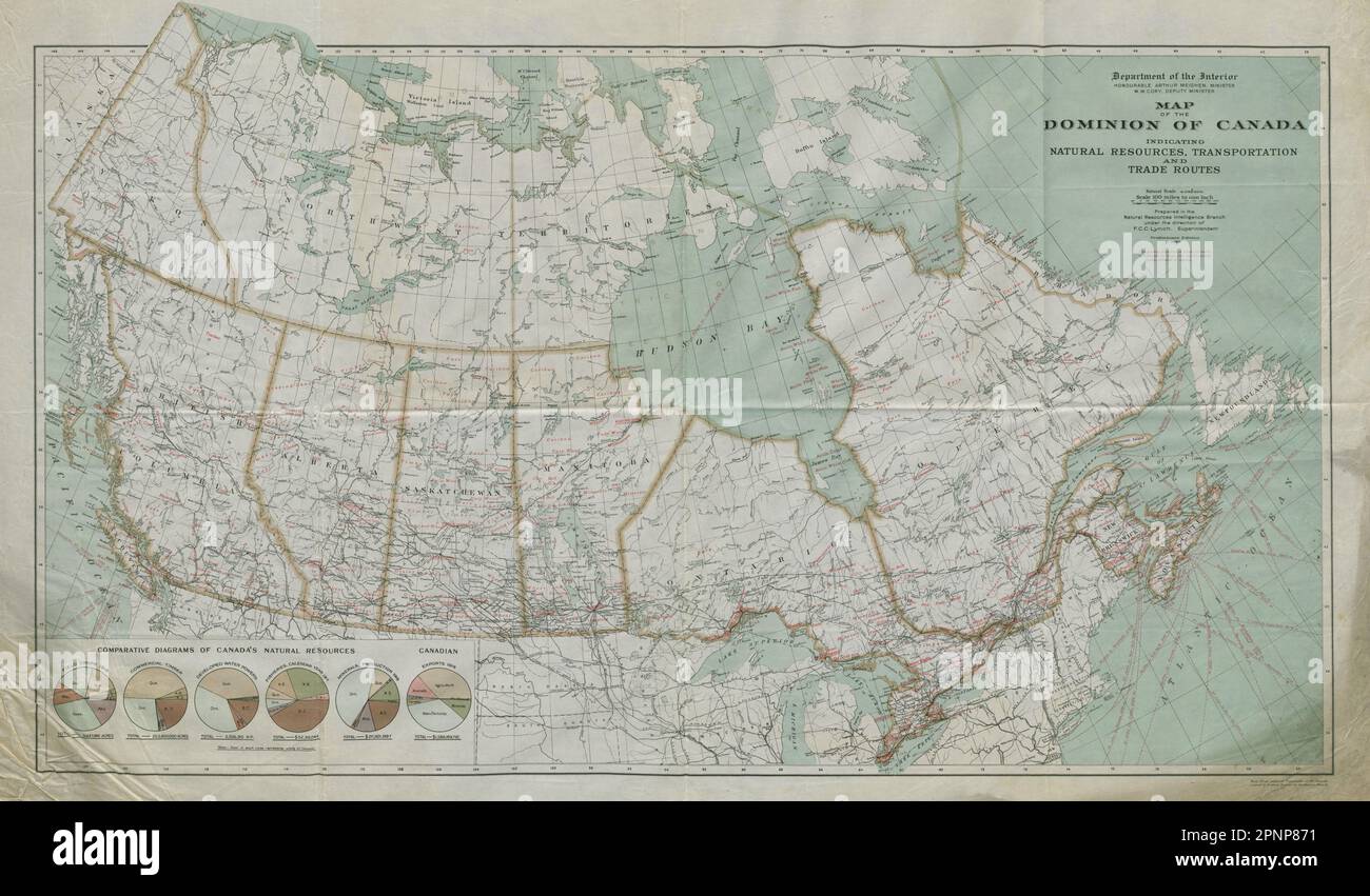 Dominion of Canada. Natural resources transport & trade routes 1920 old map Stock Photo