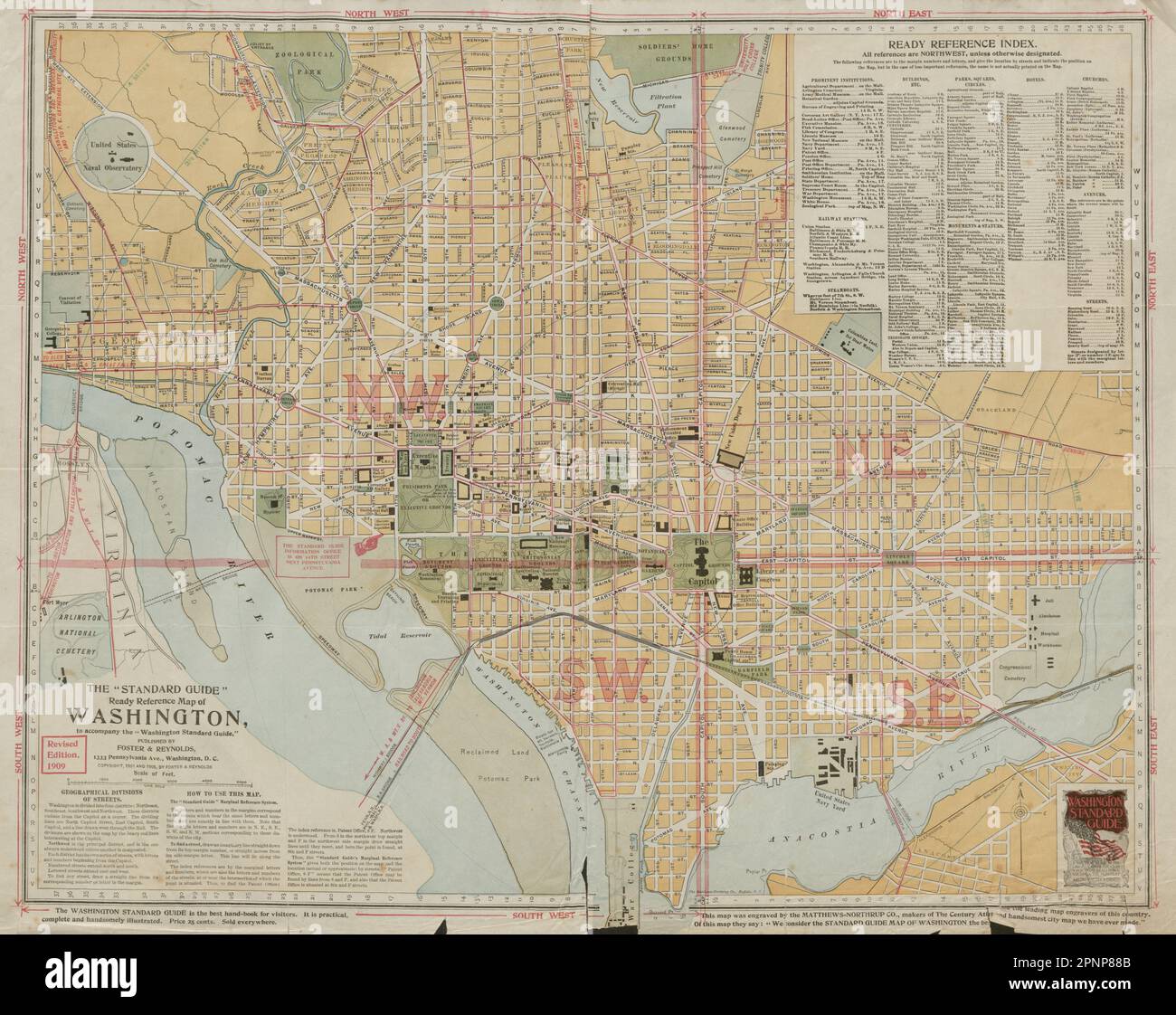 The 'Standard Guide' Ready Reference Map of Washington DC 1909 old antique Stock Photo