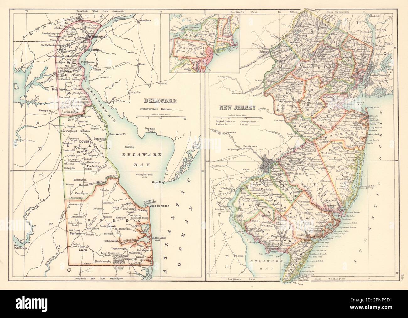 Delaware and New Jersey state maps showing counties. BARTHOLOMEW 1898 old Stock Photo