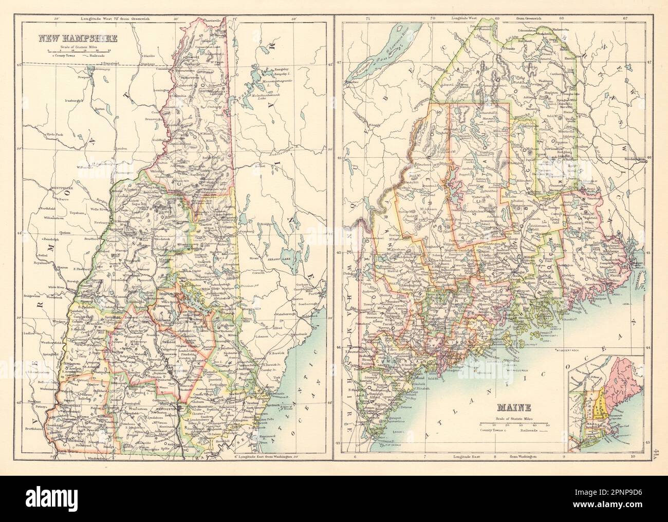 Maine and New Hampshire state maps showing counties. BARTHOLOMEW 1898 old Stock Photo