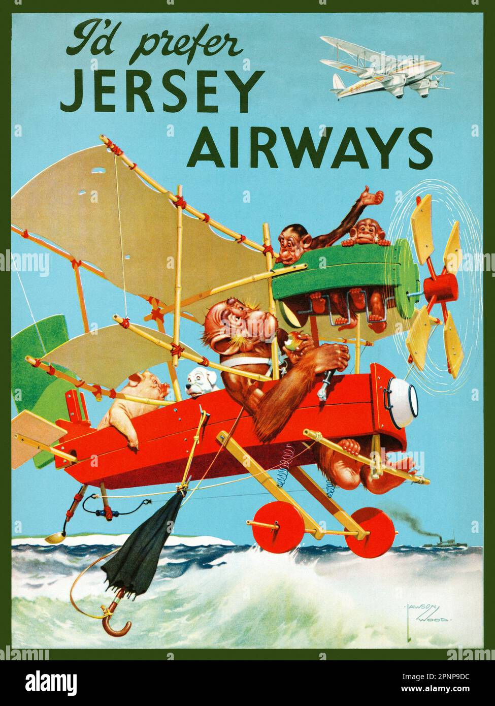 I'd prefer Jersey Airways by Lawson Wood (1878-1957). Poster published in 1937 in the UK. Stock Photo