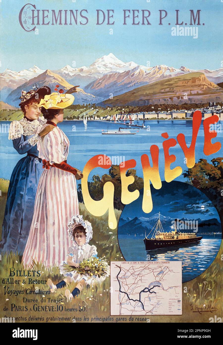 Chemins de fer P.L.M. Genève by Frederic Hugo d'Alési (1849-1906). Published in 1890 in Switzerland. Stock Photo
