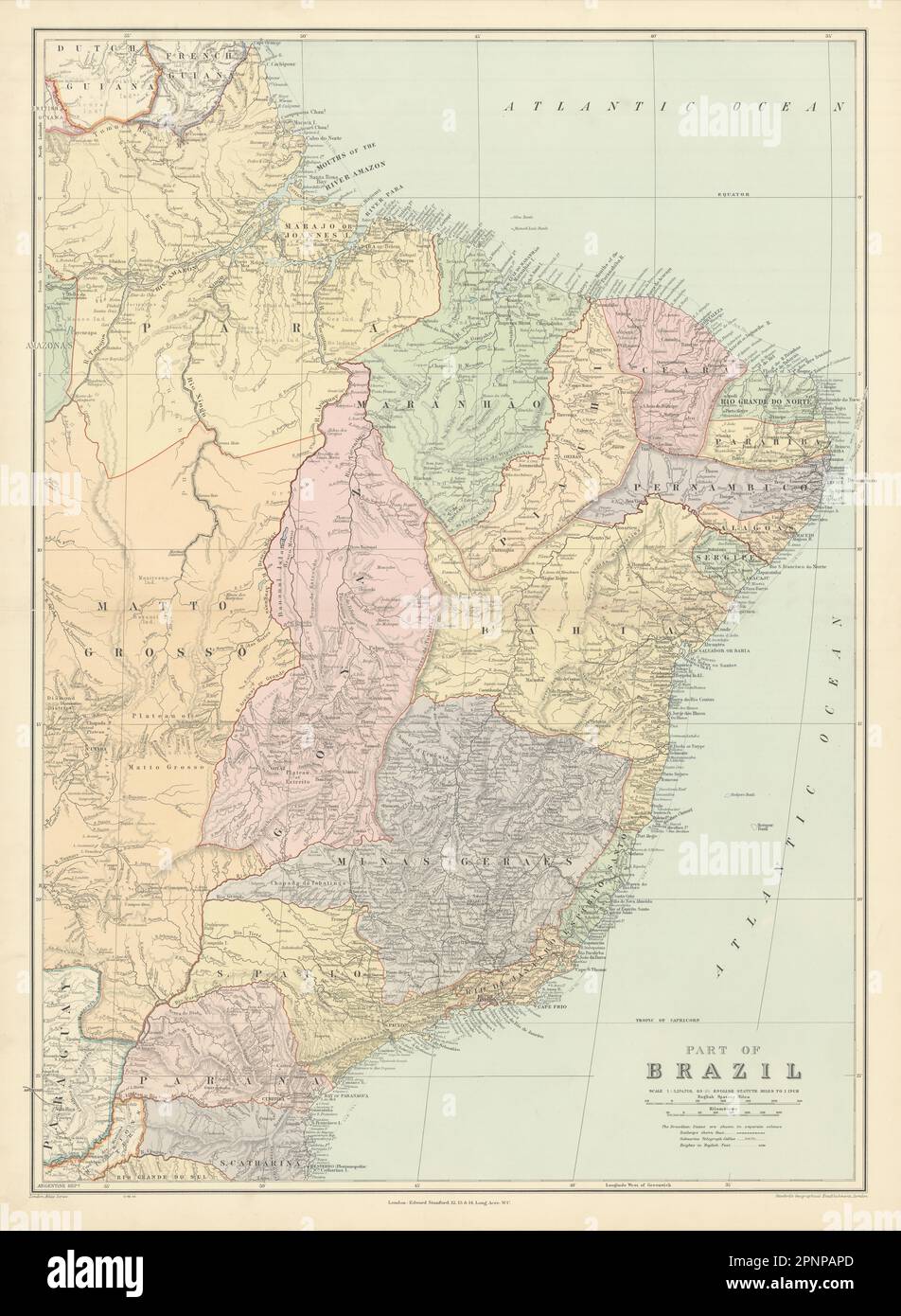 Brazil - eastern part. States. Large. 74x54cm. STANFORD 1904 old antique map Stock Photo