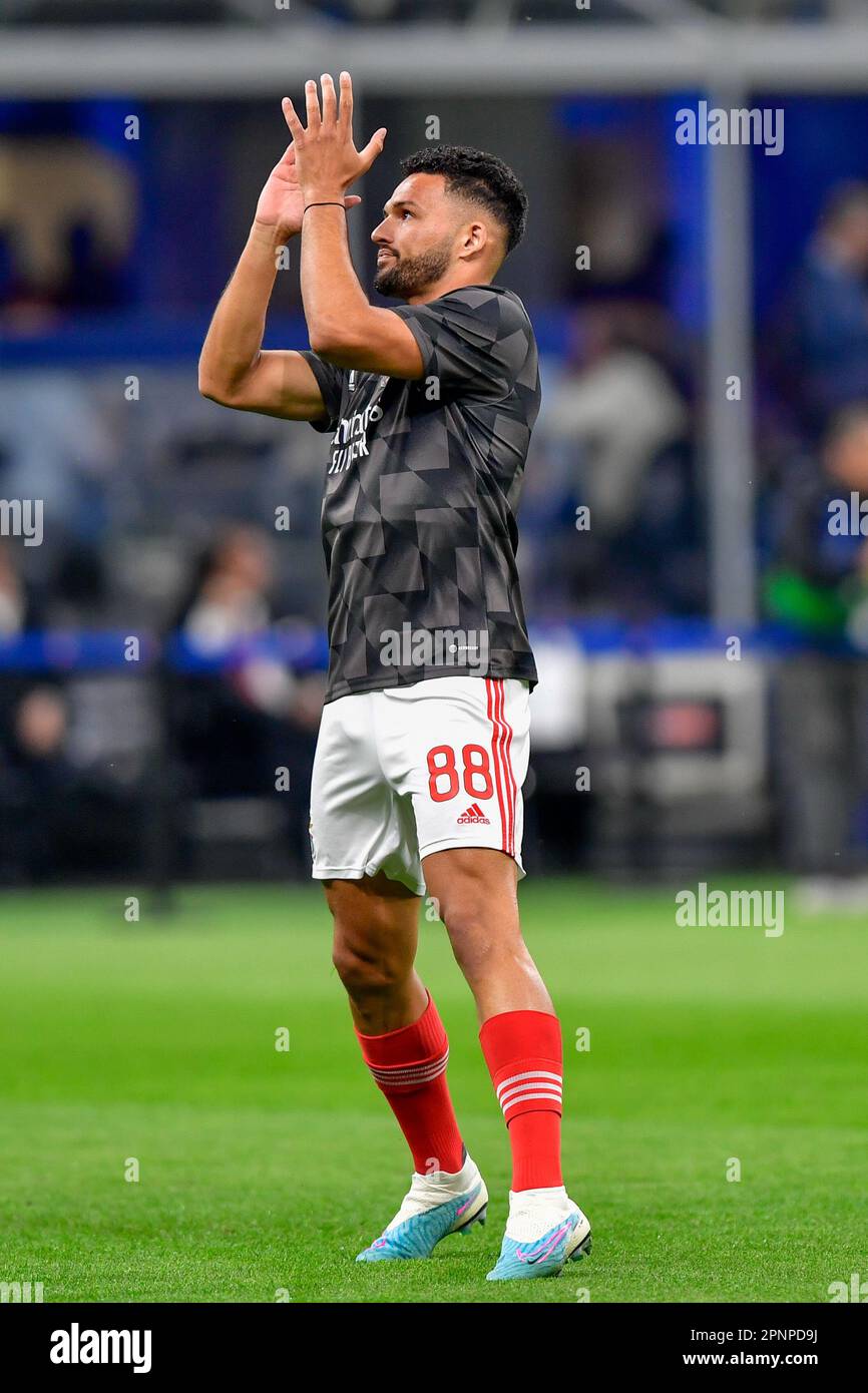 Milano, Italy. 19th Apr, 2023. Goncalo Ramos (88) of Benfica is warming up before the UEFA Champions League match between Inter and Benfica at Giuseppe Meazza in Milano. (Photo Credit: Gonzales Photo/Alamy Live News Stock Photo