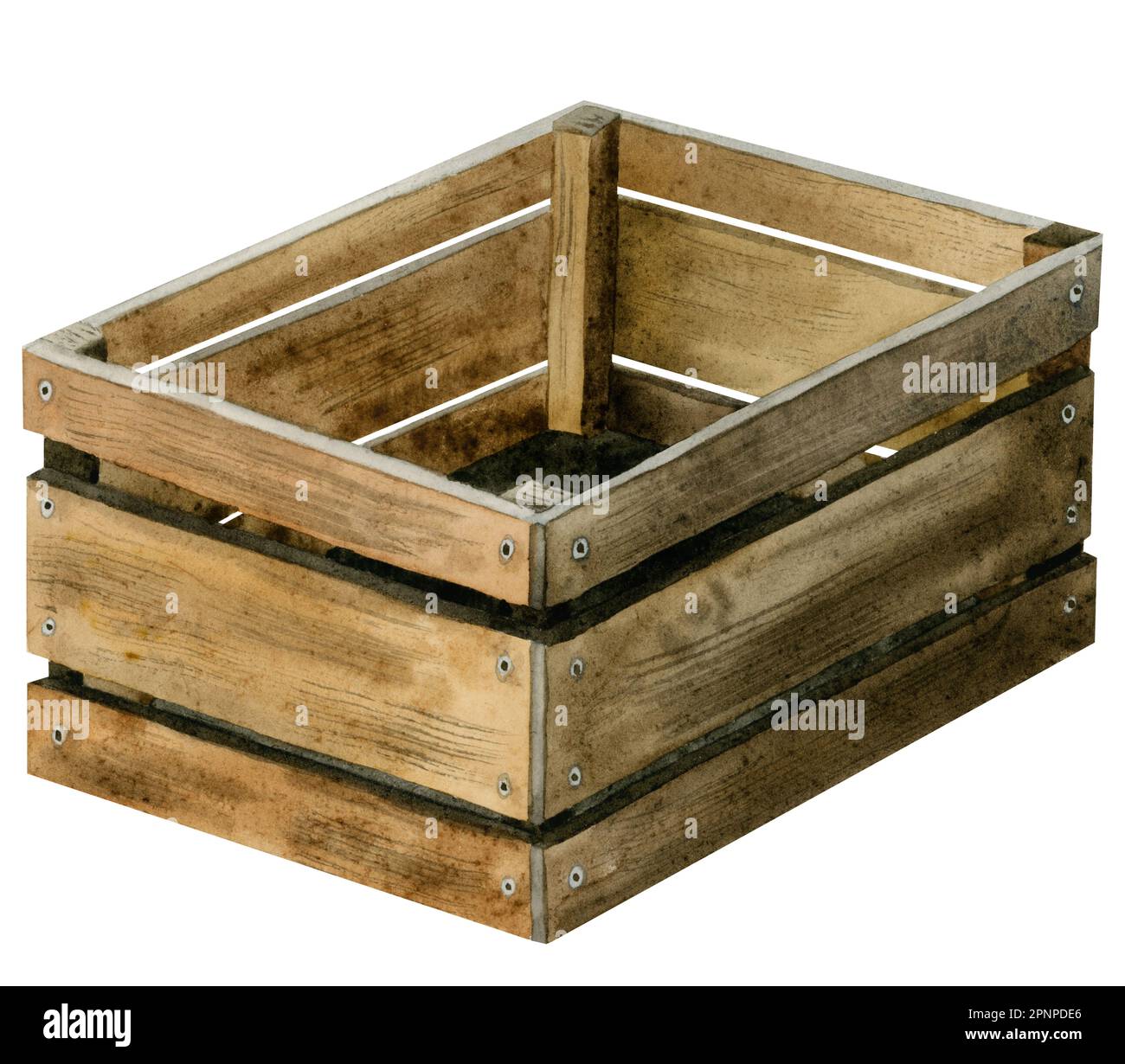 Watercolor rustic wooden box illustration isolated on white background. Hand drawn empty crate clipart for fruit and vegetables harvest. Country side Stock Photo