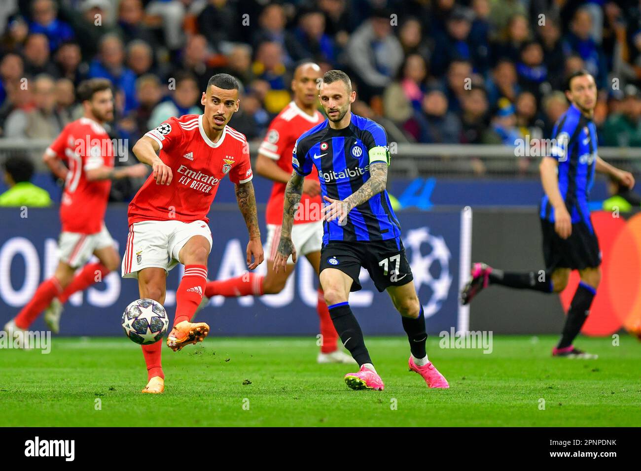 Milano, Italy. 19th Apr, 2023. Chiquinho (22) of Benfica and Marcelo Brozovic (77) of Inter seen during the UEFA Champions League match between Inter and Benfica at Giuseppe Meazza in Milano. (Photo Credit: Gonzales Photo/Alamy Live News Stock Photo
