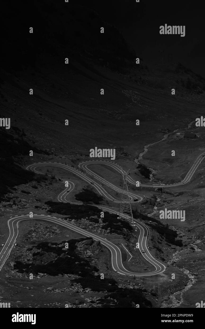 Aerial grayscale of the winding Transfagarasan road Stock Photo - Alamy