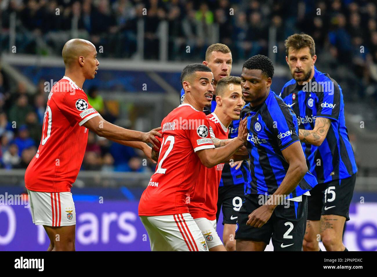 Milano, Italy. 19th Apr, 2023. Denzel Dumfries (2) of Inter and Chiquinho (22) of Inter seen during the UEFA Champions League match between Inter and Benfica at Giuseppe Meazza in Milano. (Photo Credit: Gonzales Photo/Alamy Live News Stock Photo