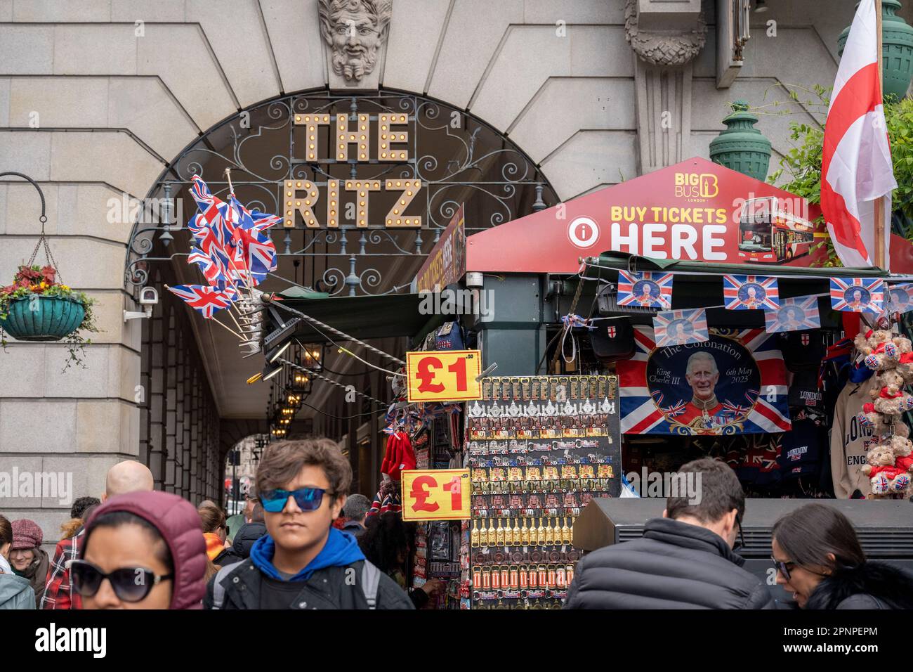 With two weeks before the coronation of King Charles III takes place, tourist souvenirs including the new king's face is on sale next to the Ritz on Piccadilly, on 19th April 2023, in London, England. King Charles will succeed Queen Elizabeth II on 6th May, who passed away last year. Stock Photo