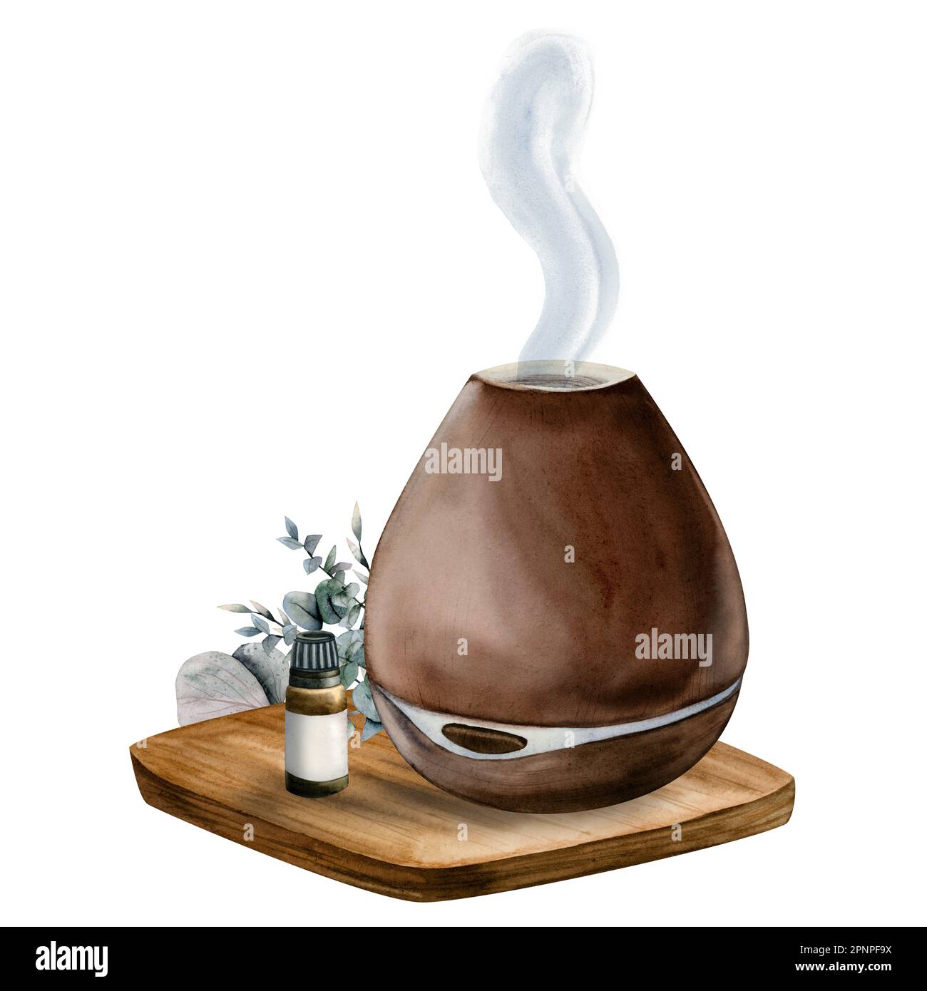 Watercolor eucalyptus fragrance electric wooden humidifier, aroma oil diffuser illustration with